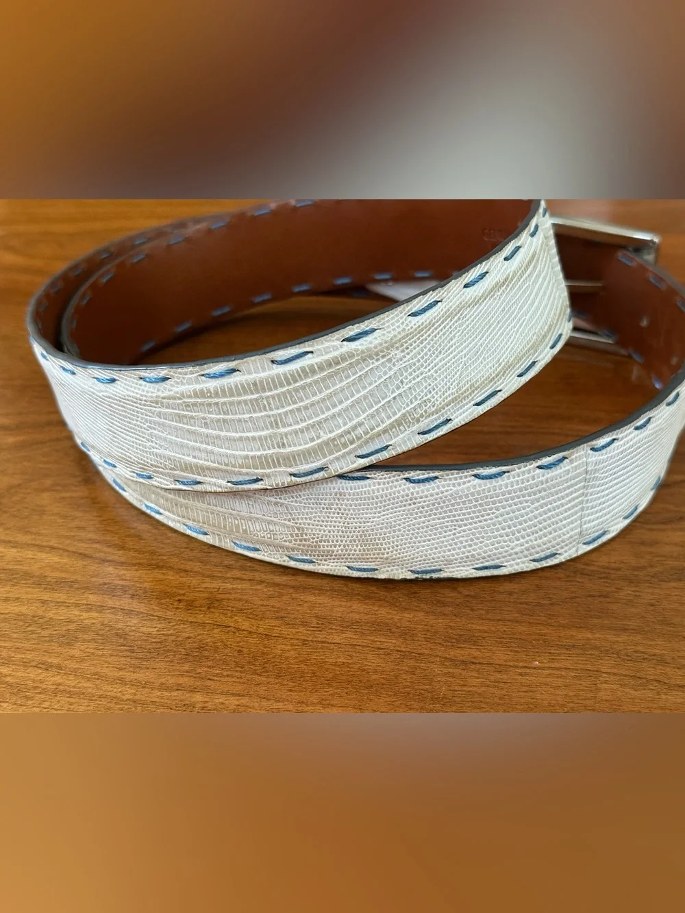 Francis Edward Genuine Lizard Belt Size 40 White Blue Solid Brass Made USA